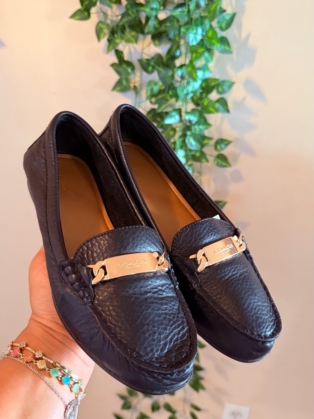 Coach Black Pebbled Leather Loafers with Gold Plaque A7751 OLIVE